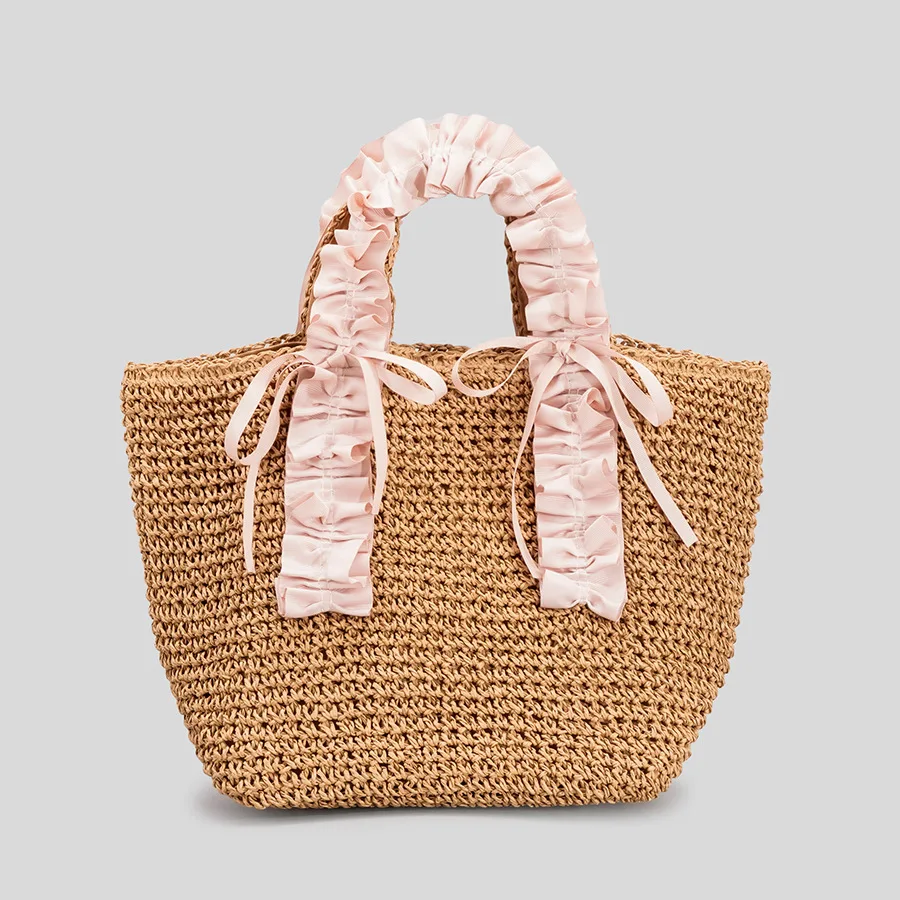 Elegant Ruched Handle Straw Women Handbags Paper Woven Tote Bag Handmade Summer Beach Bags Casual Bali Female Purses 2023