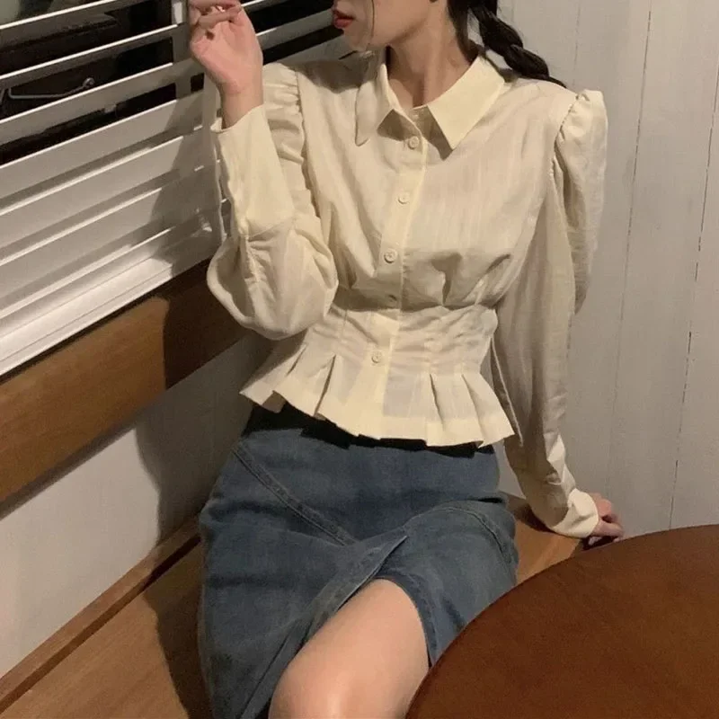 Lucyever корейские модные рубашки с пышными рукавами женские однотонные милые