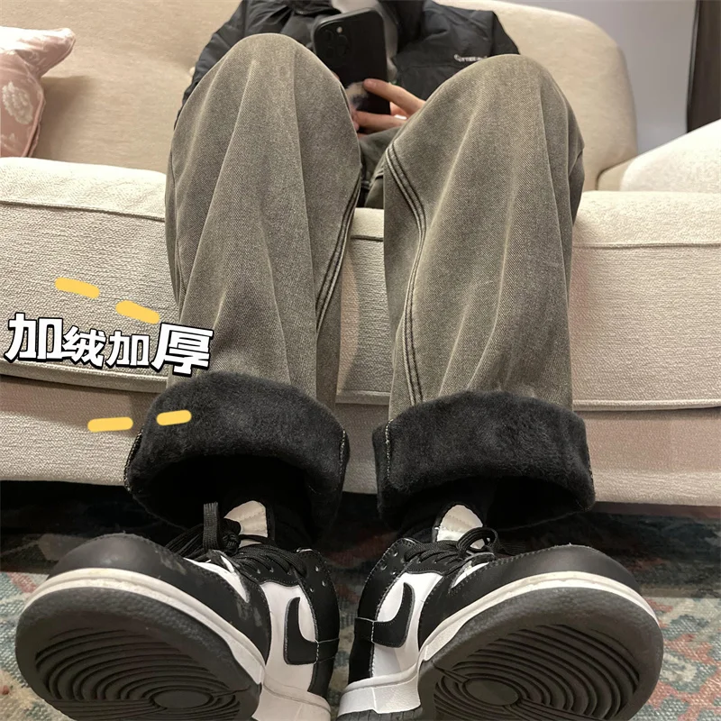 Winter Plush Thicken Jeans Men Warm Fashion Blue Black Straight Jeans Mens Streetwear Korean Loose Thick Denim Trousers Men
