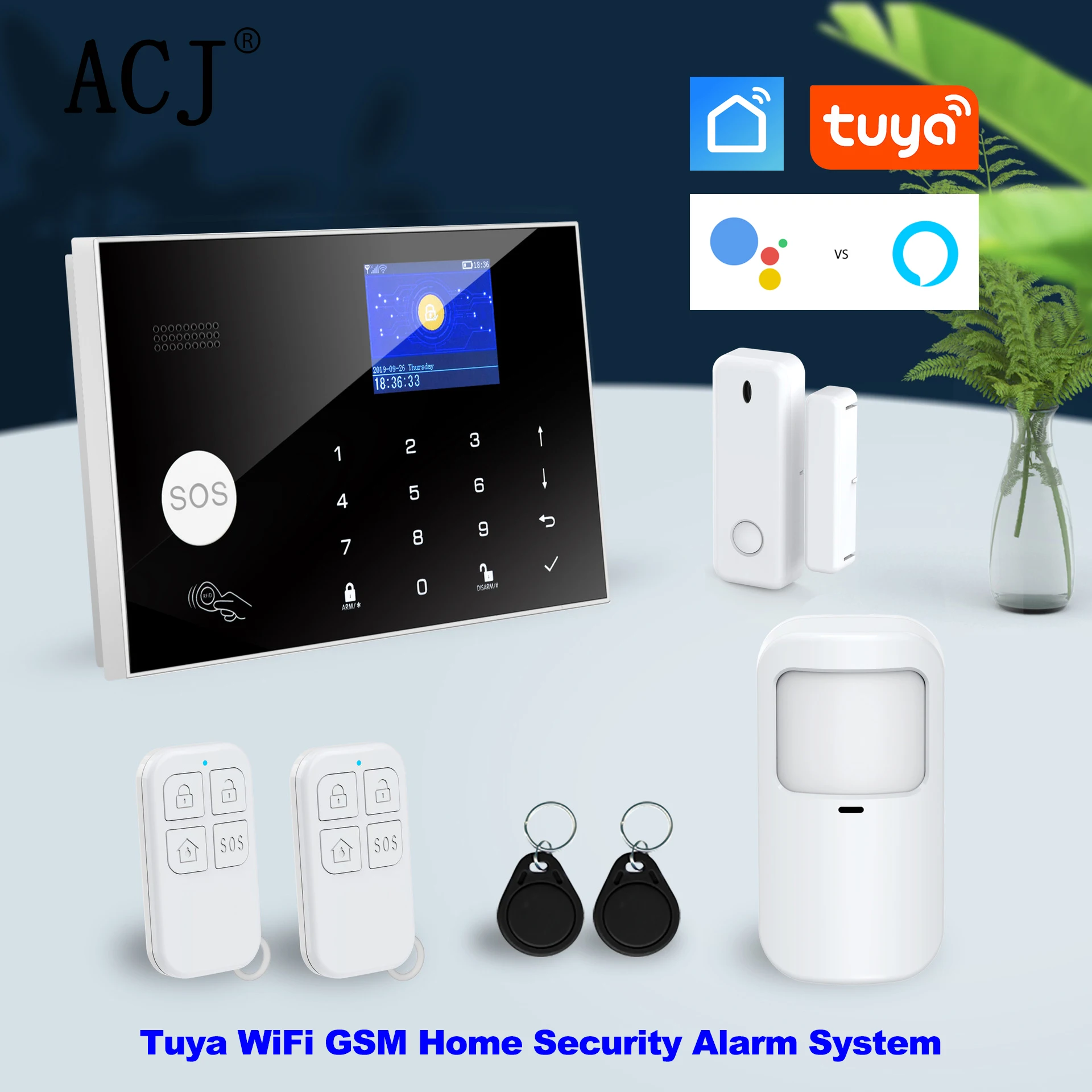 ACJ Tuya WiFi GSM Home Security Alarm System 433MHz Wireless Smart Burglar Alarm Kit Works With Alexa Google APP Remote Control