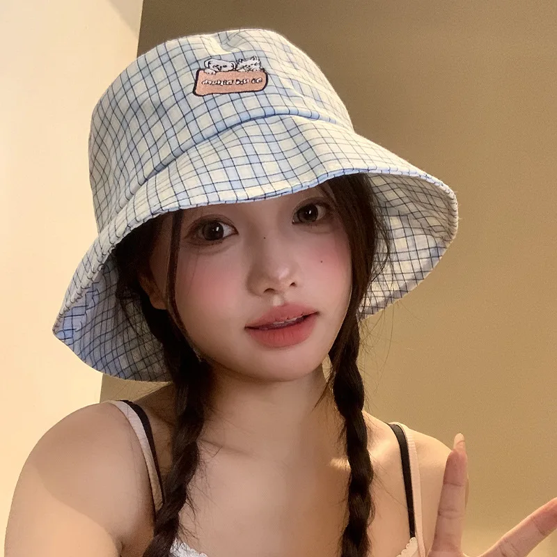 Синие панамы в клетку с милым щенком и вышивкой для женщин весенне-летние