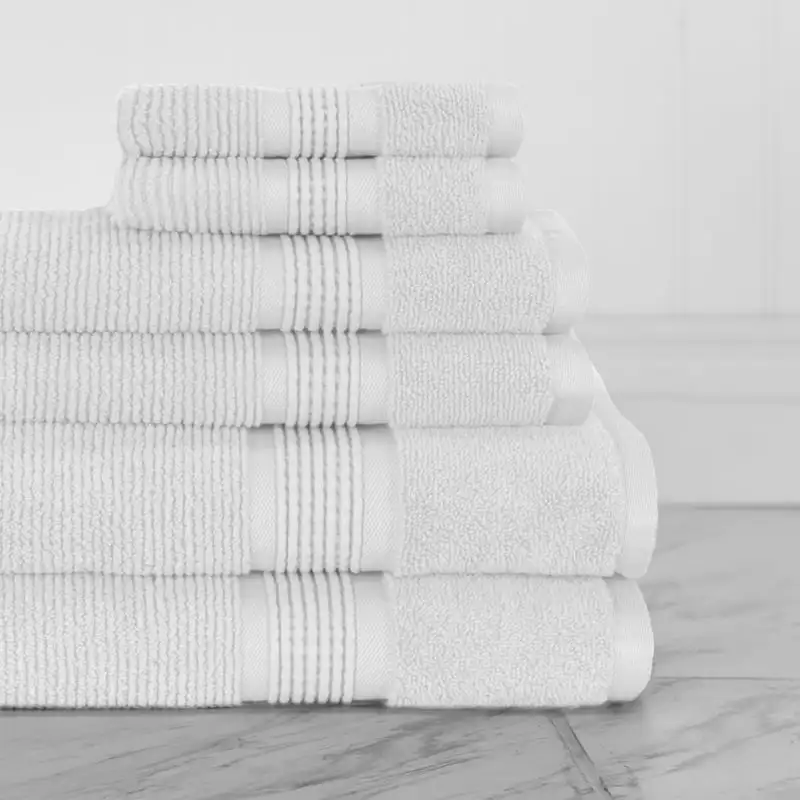 

Textured Zero Twist Ribbed Border 6 Piece Bath Towel Set in White