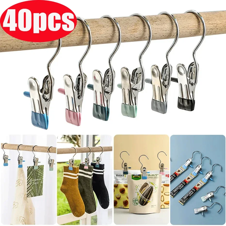 

40pcs Premium Stainless Steel Clothespins with Hook Laundry Clothes Pegs for Hanging Clothes Pants Hanger Tongs Clip Hook Clip