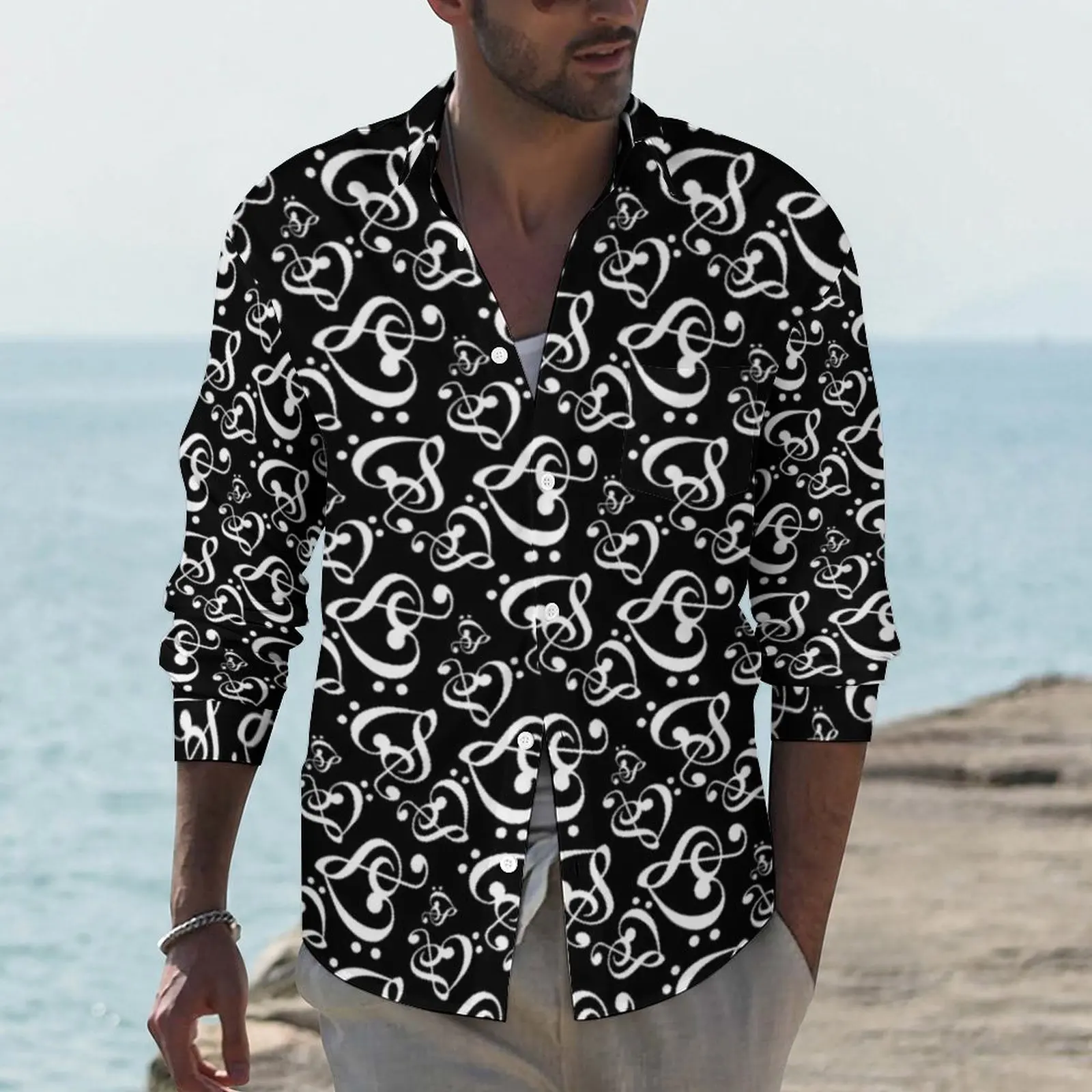 

Hearts Music Notes Shirt Black And White Casual Shirts Long Sleeve Custom Street Style Blouses Autumn Vintage Oversize Clothing