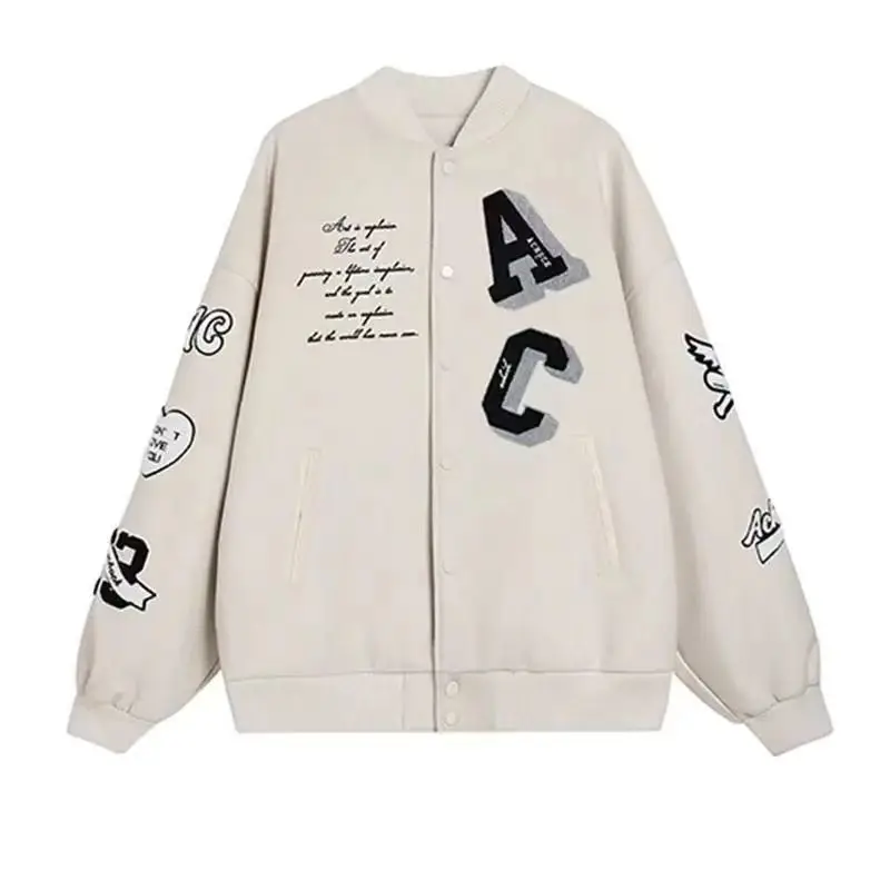 

2022 американские ретро осенние и зимние бежевые куртки с вышивкой в виде букв для мужчин и женщин, баскетбольные повседневные бейсбольные ку...