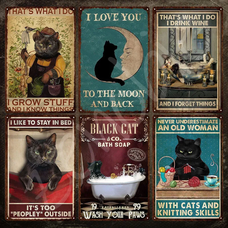 

Cat Metal Poster Gardener Cat and Knitting Black Cat Tin Sign Cute Animal Cat Metal Sign Vintage Plaque for Room Wall Decoration