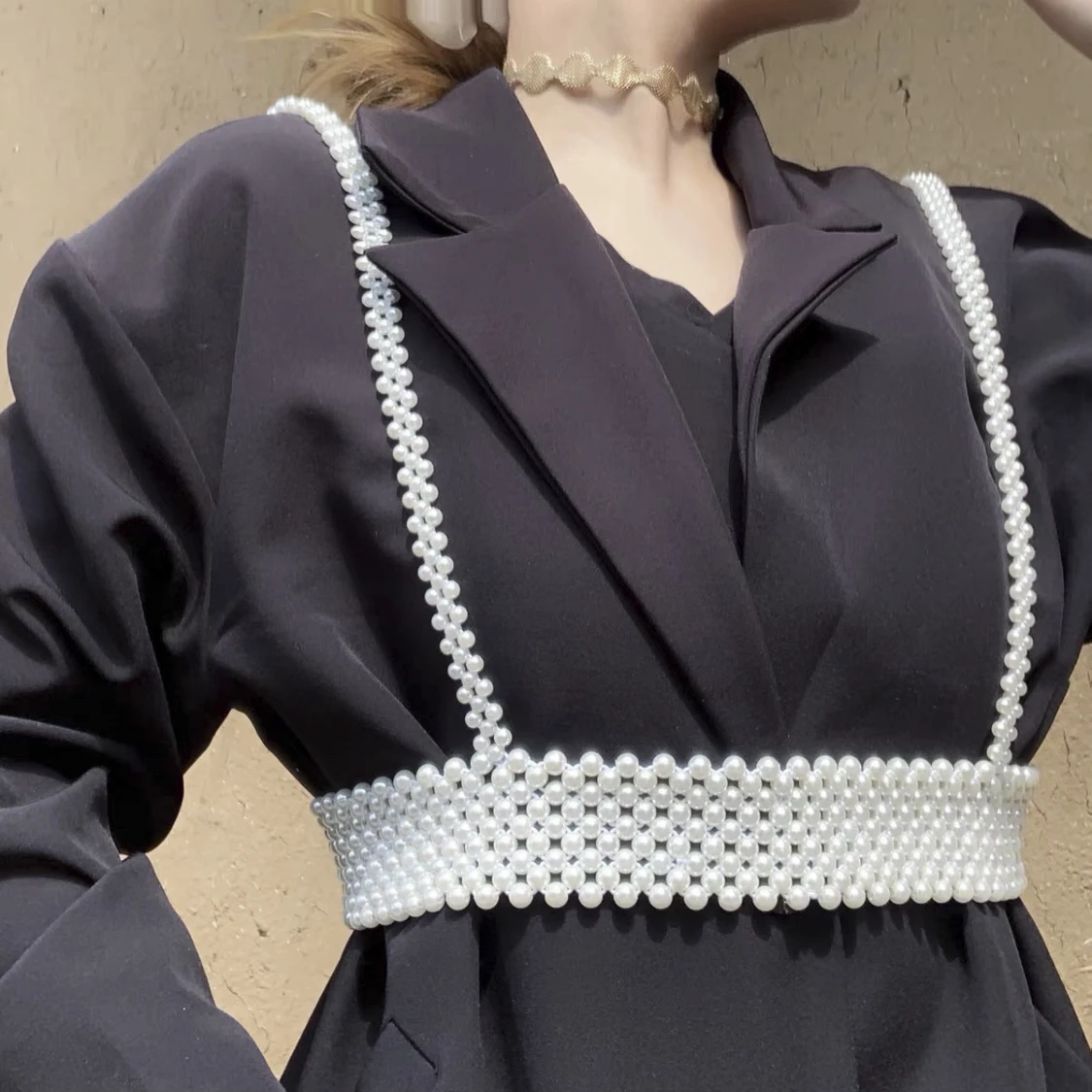 

Pearl stretch weave double-shoulder belt vest jacket For women lady waistcoat stretchable pullover corset For dress T-shirt coat