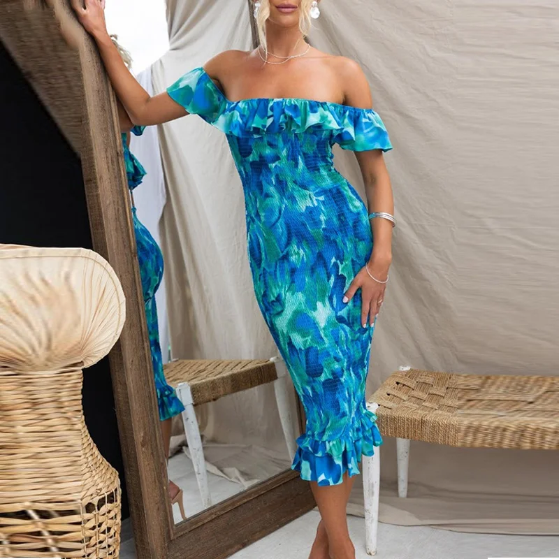 

Women Sexy Off Shoulder Pleated Bodycon Dress Elegant Flower Print Ruffle Party Dress 2023 Summer Fashion Chiffon Bohemian Dress