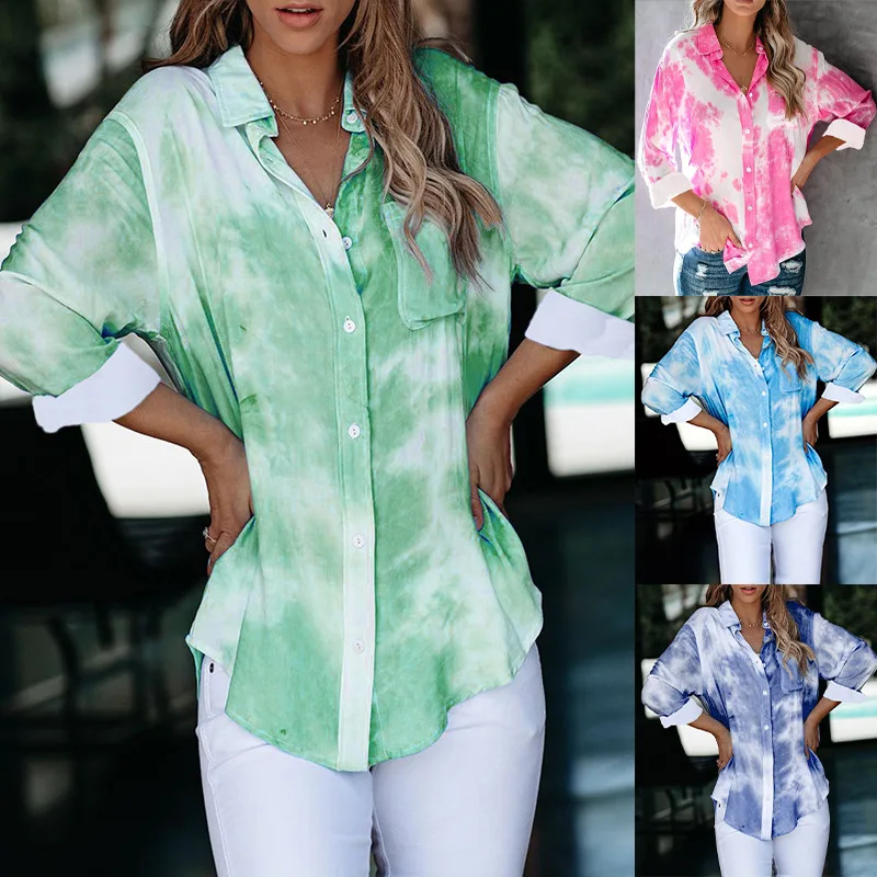 

Tie Dye Print Green Loose Blouse Spring Women Fashion Lapel Long Sleeve Irregular Hem Shirt Ladies Casual Pocket Button Up Shirt