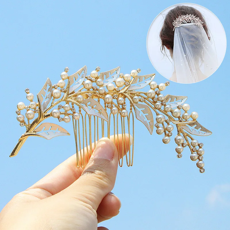 

Bridal Women Hair Pins Combs Hairpins Pearl Rhinestone Hollowed Out Leaves Wedding Jewelry Accessories Decorations