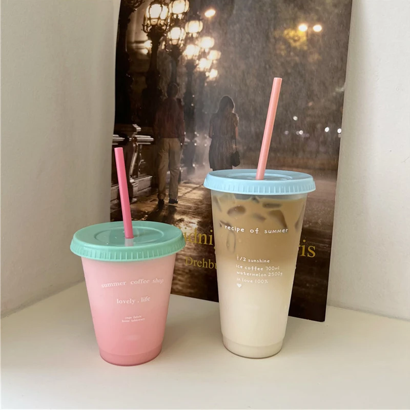 

480/700ML Cute Water Bottle Coffee Juice Milk Tea Kawaii Plastic Cold Cups With Lid Straw Portable Reusable Drinking Bottle BPA