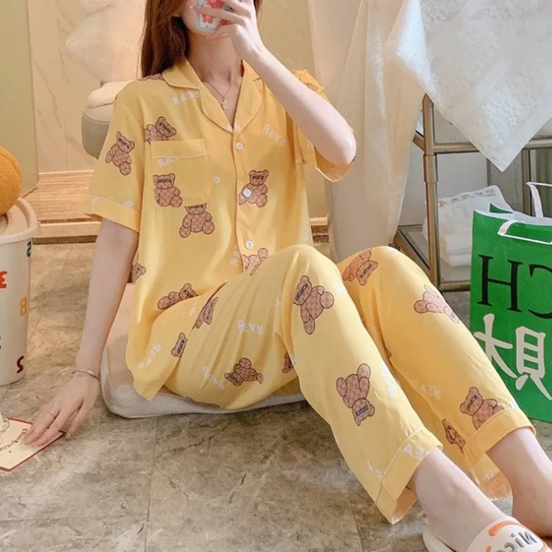 Ladies Pajamas Spring Autumn Long Sleeves Cotton Silk Short Sleeve Trousers Women Lounge Pajamas Set