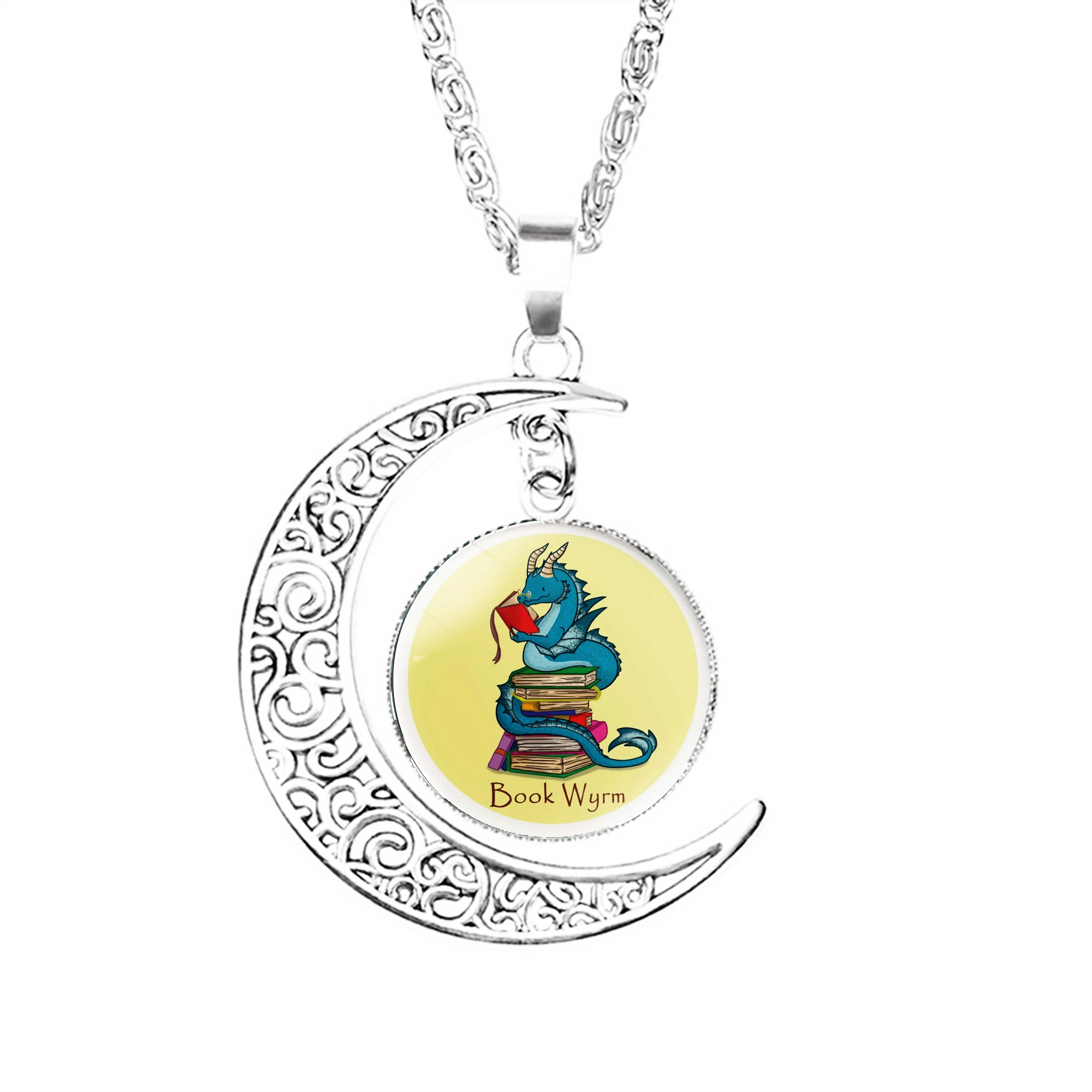 

Book Wyrm Moon Necklace Men Glass Pendant Chain Boy Fashion Dome Charm Girls Jewelry Lovers Women Jewelry Accessories Party