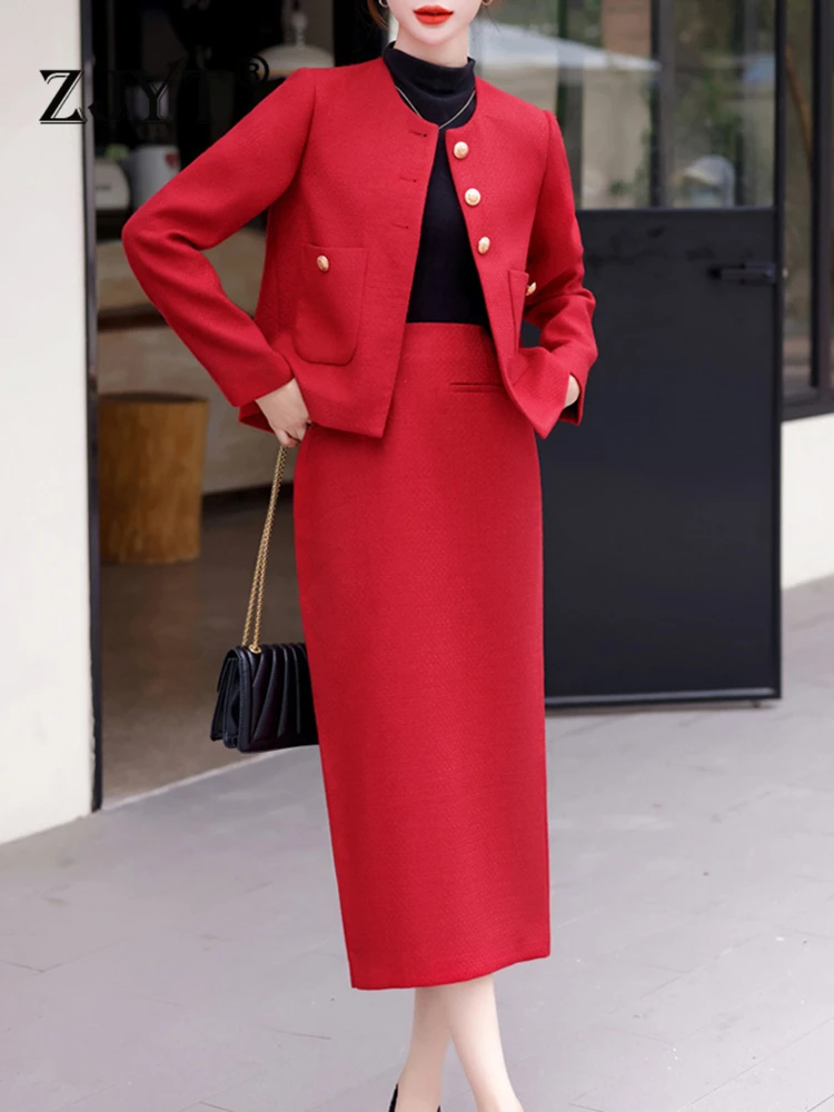 

ZJYT Elegant Autumn Winter Tweed Woolen Dress Sets Two Piece for Women 2023 Red Jacket Skirt Suit Party Conjuntos Para Mujeres