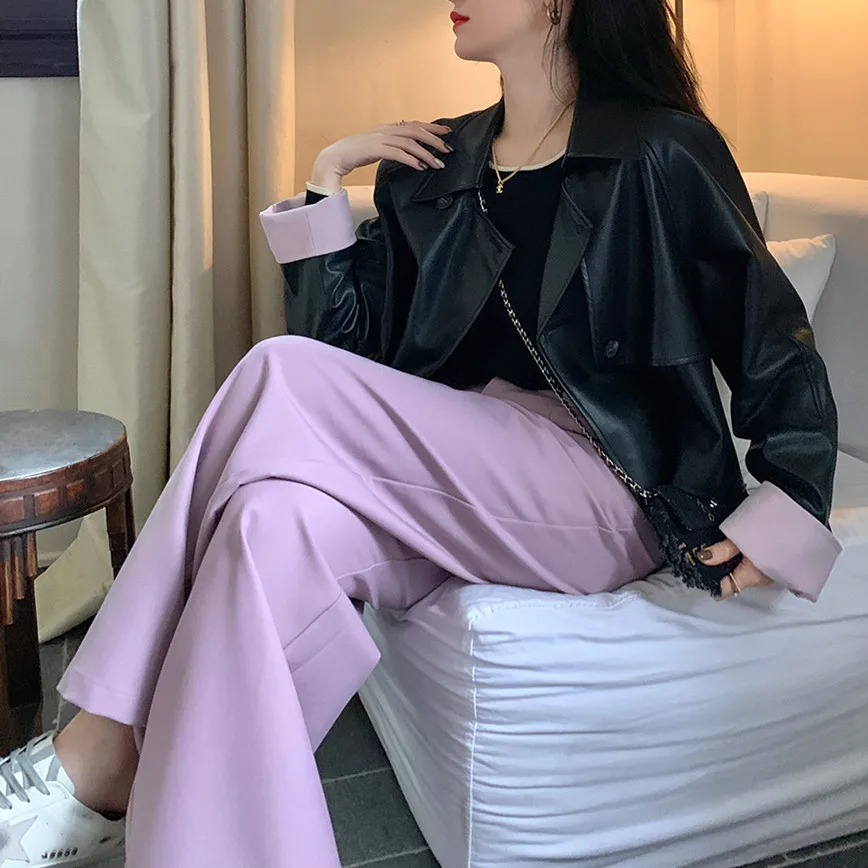 Sweet Girl Young Women Autumn Leather Short Jackets Black Patchwork Leather Coat Women's  Korean Fashion Loose Motorcycle Jacket