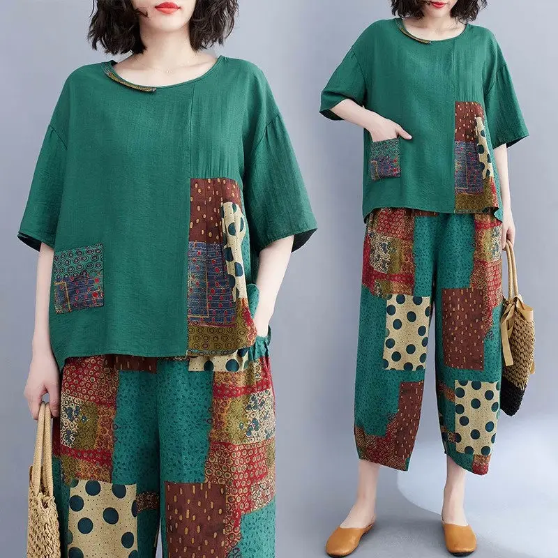 Oversized Women's Summer Pants Suit Fashionable Printed Cotton Linen Shirt Short Sleeve Tops Capris Two Piece Set Tracksuit Z855