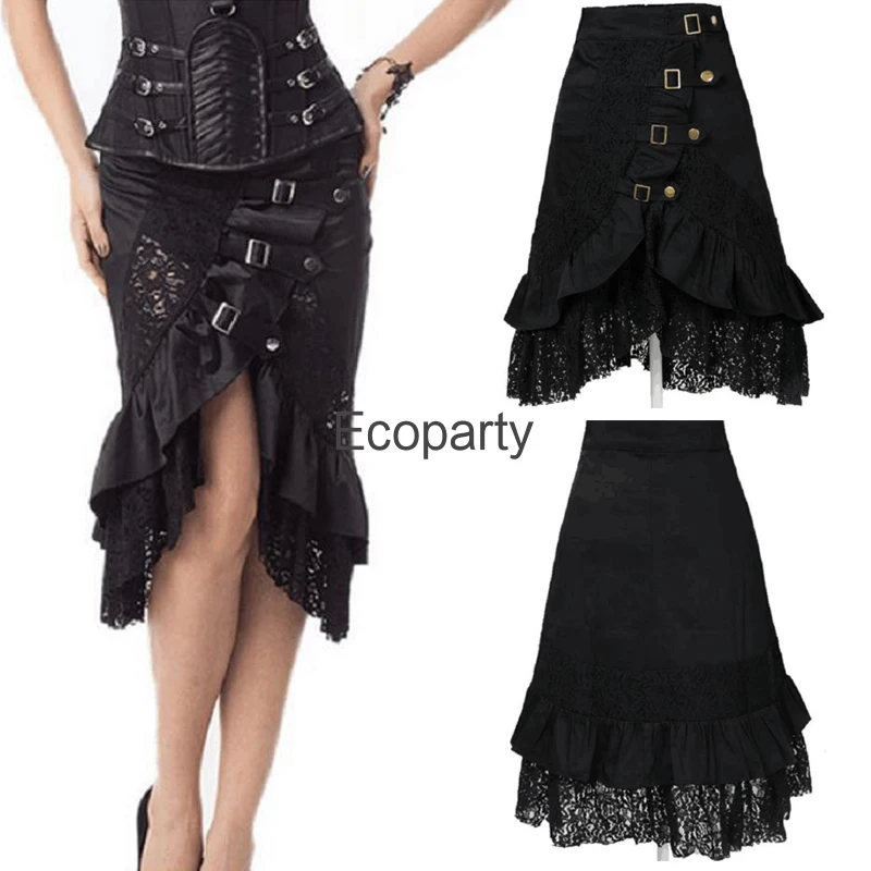 

Женская юбка в стиле стимпанк, черная юбка в викторианском стиле с высокой талией, кружевная юбка с высоким разрезом, асимметричная юбка средневекового возрождения