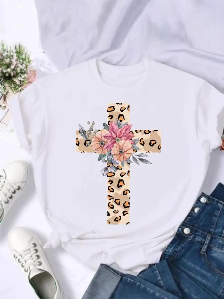 

Casual Top Tshirts Cartoon Short Sleeve Fashion Print T Shirt Summer Leopard Love Flower 90s Women Female Graphic Tee T-Shirt