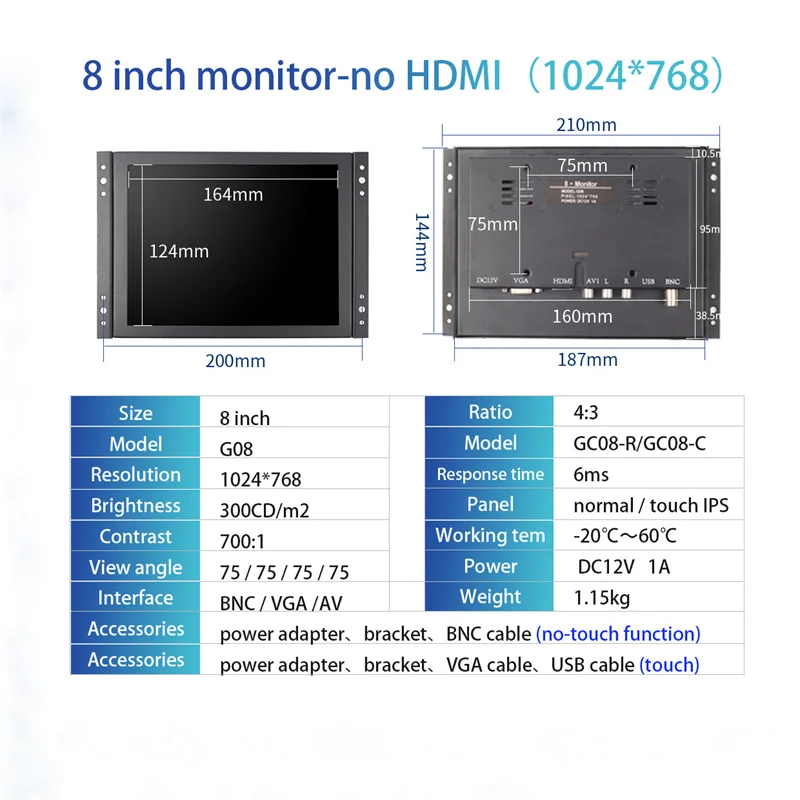 Zhixianda маленький размер 8 дюймов 4:3 1024x768 HDMI TFT LCD HD промышленный класс резистивный емкостный сенсорный экран монитор с открытой рамкой (art.: 3920c1ff460ea) - 3920c1ff460ea
