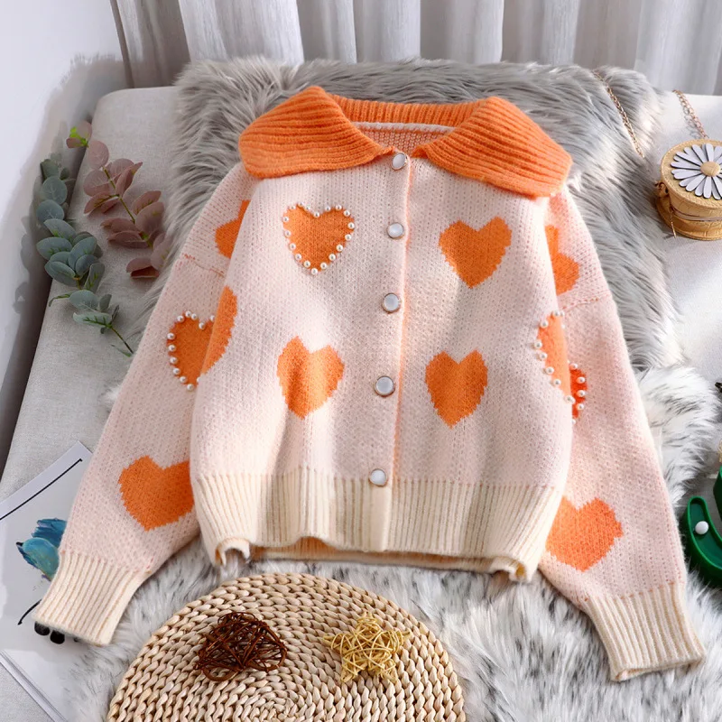 

Women Knit Cardigan Heart with Pearl Sweater Sweet Soft Korean Turndown Collar Long Sleeve Jumpers Autumn Winter Casual Outwears