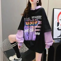 deeptown anime print patchwork hoodie women harajuku long sleeve sweatshirt 2022 korean e girl oversized kpop school clothes