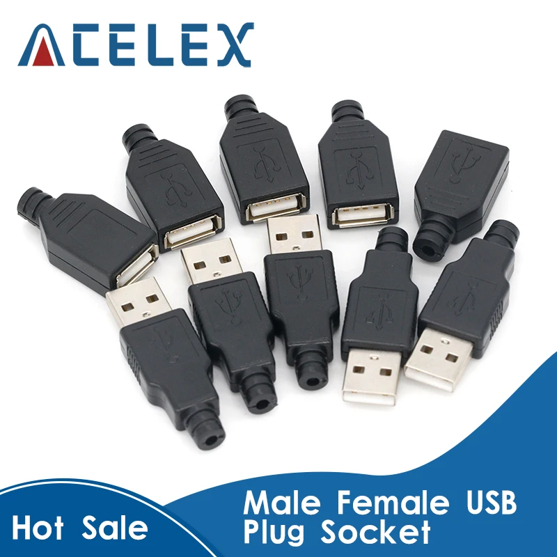 10pcs Type A Male Female USB 4 Pin Plug Socket Connector With Black Plastic Cover Type-A DIY Kits