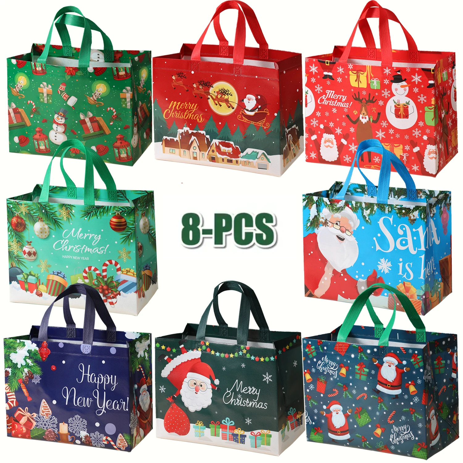 

8 рождественских подарочных пакетов большой емкости, нетканые многоразовые водонепроницаемые утолщенные подарочные пакеты, украшение для рождественской подарочной упаковки