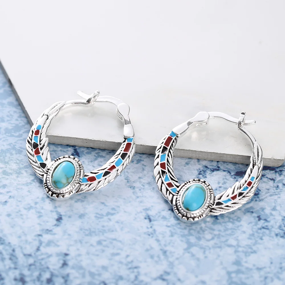 

Hot Selling New European And American Luxury Inlaid Turquoise Eagle Feather Earrings Party Wedding Earrings