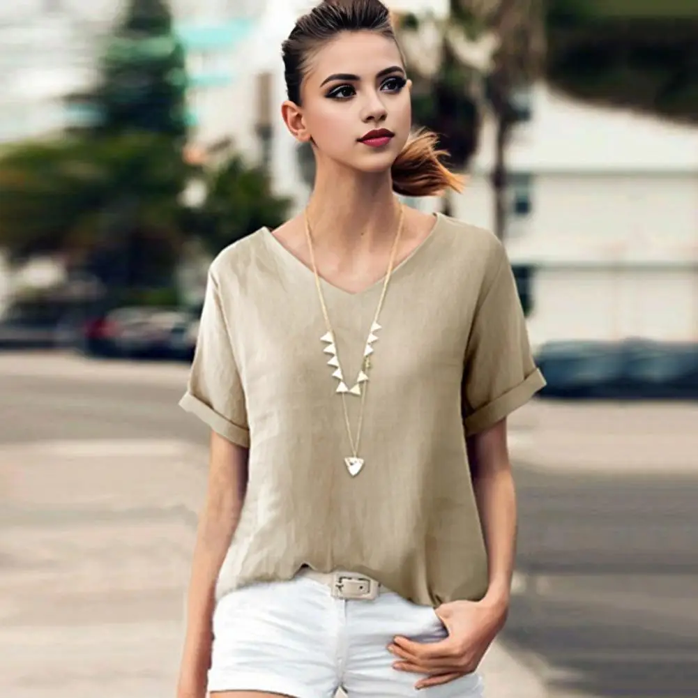 Летняя Повседневная футболка с V-образным вырезом коротким рукавом топ
