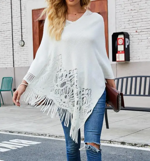 

Women's Sweater Imitation Cashmere Solid Color Hollowed Out Cape Tassel Knitted Scarf Shawl Loose Fitting Tops Pullover