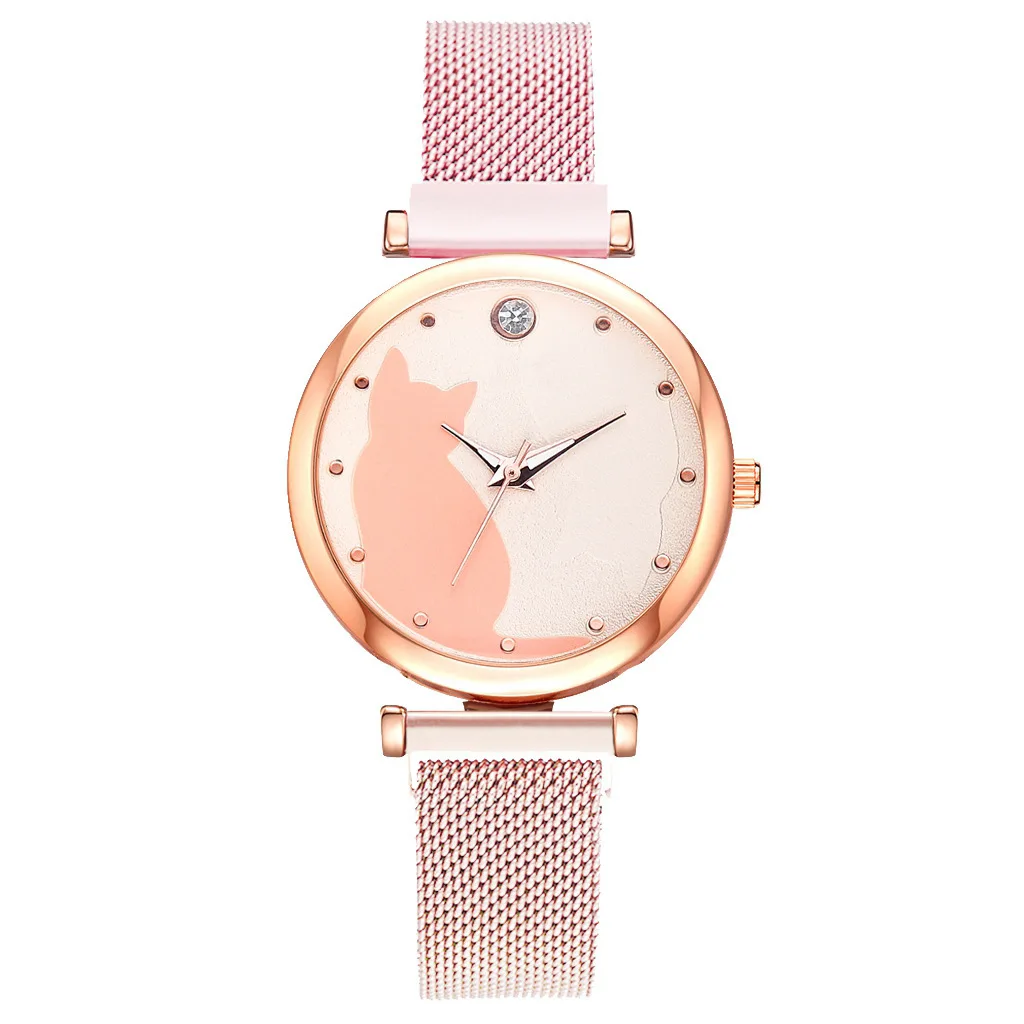 Women Fashion Watch Set 5Pcs Quartz Wristwatch Mesh Bracelet Cat Dial Luxury Women Watch Casual Ladies Clock With Bracelet Set