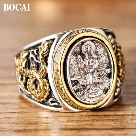 Новый тренд BOCAI, ювелирные изделия из чистого серебра S925, винтажное мужское кольцо, золотой дракон, лотос, авалоките, указательный палец