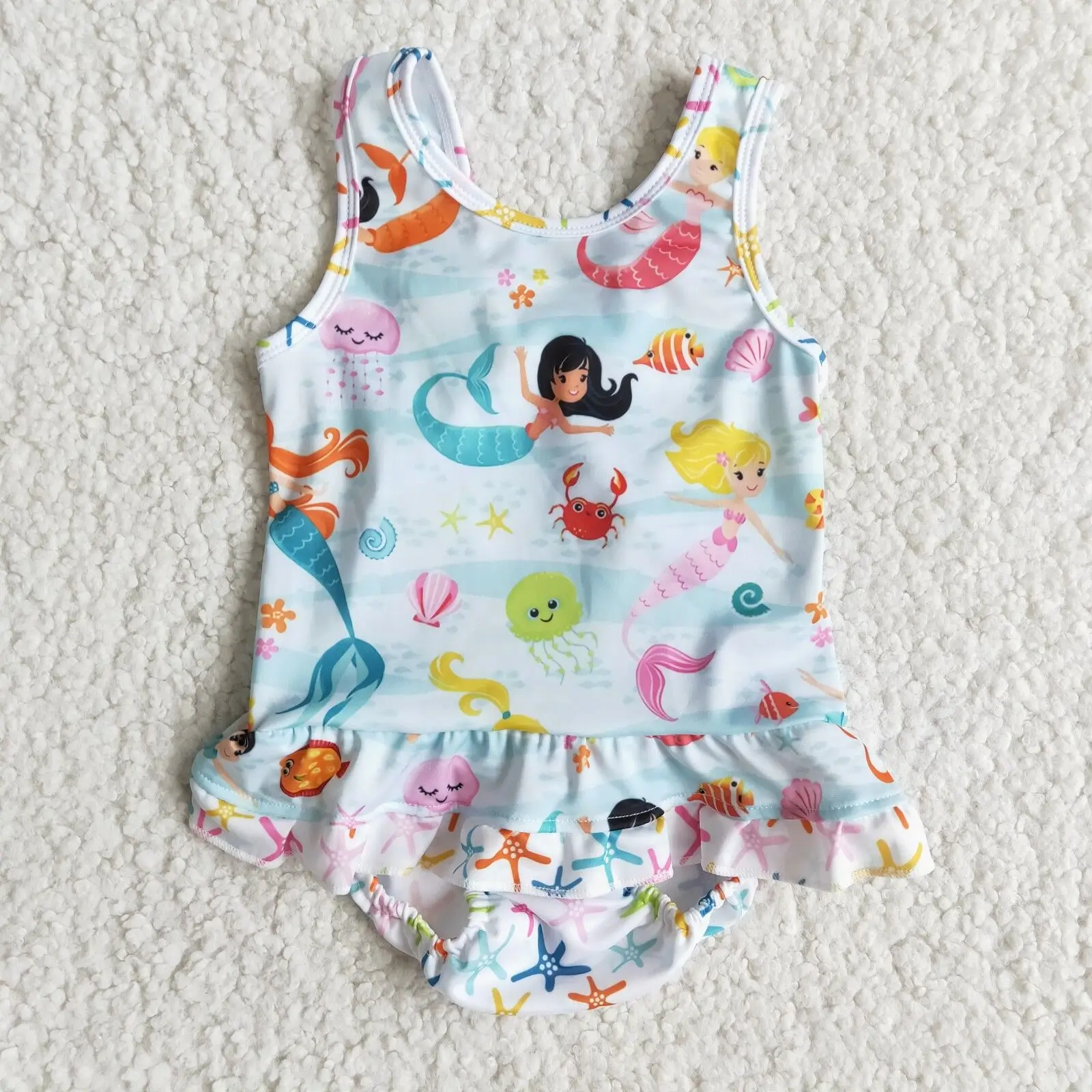 

RTS Girls Clothes Colorful Mermaid Print Sleeveless One Piece Baby Swimsuit White Boutique