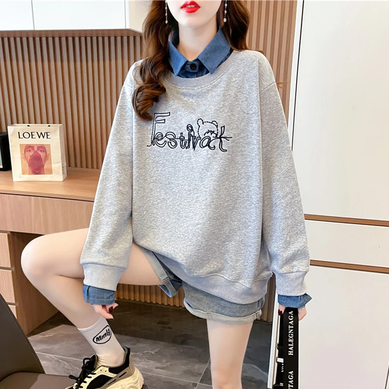 

#0498 False Two Piece Sweatshirts Women Letters Cartoon Polo Collar Loose Harajuku Pullovers Hoodies Sweatshirt Female Autumn