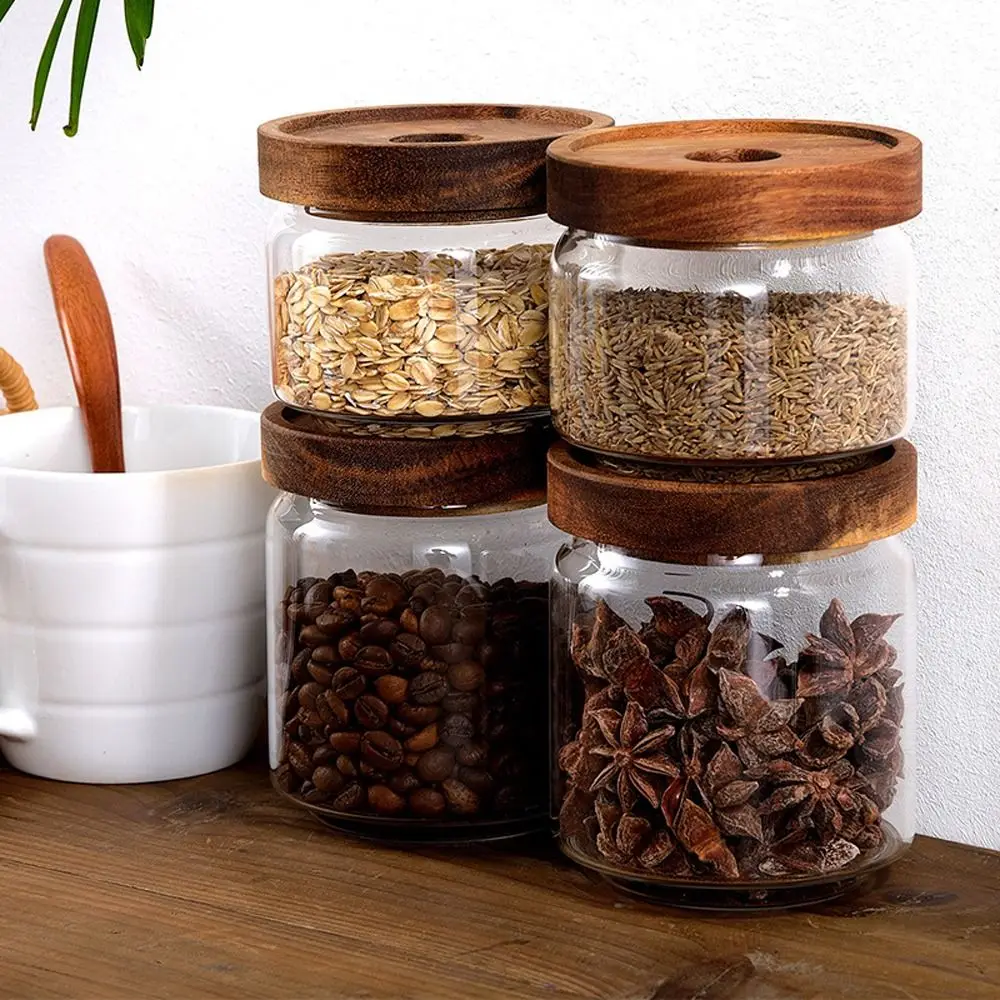 

Wooden Lid Glass Food Storage Jar Multi-Use Clear Coffee Beans Tea Storage Holder Round Thicken Food Storage Containers Sugar