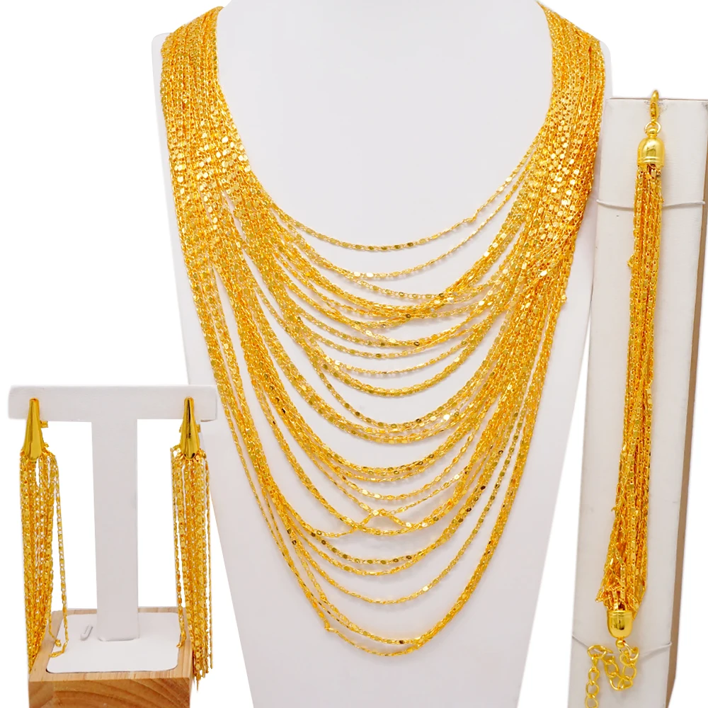 

Fashion Dubai Gold Color Plated Jewelry Set For Women Indian Tassel Necklace Bracelet Earring Sets Nigeria Wedding Party Gifts