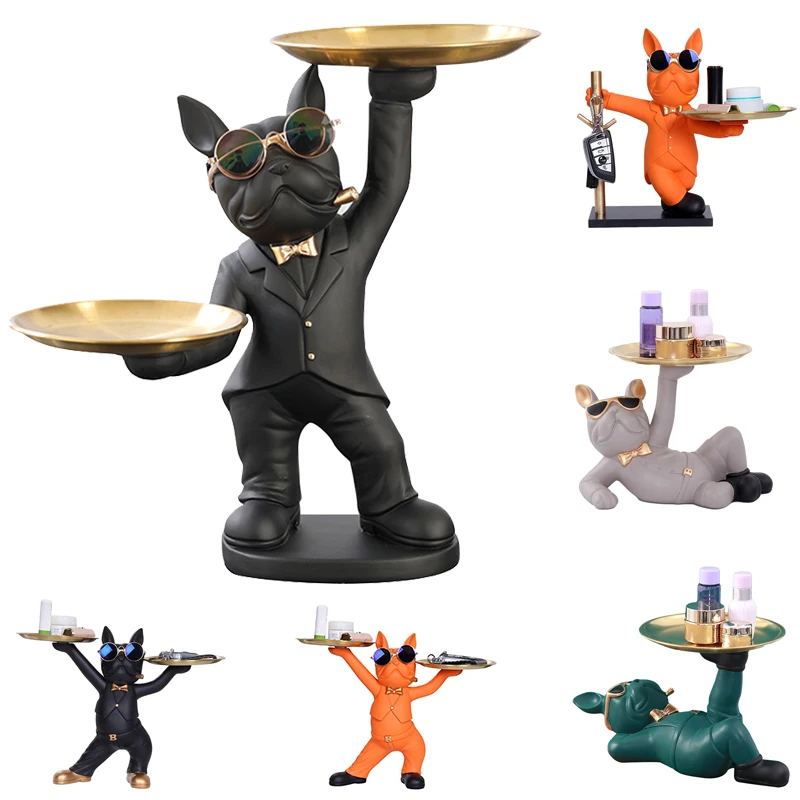 

Resin French Bulldog Ornaments Creative Cute with 2 Tray Dog Butler Statue Birthday Gifts Bottom Anti-slip for Cake Biscuit Key