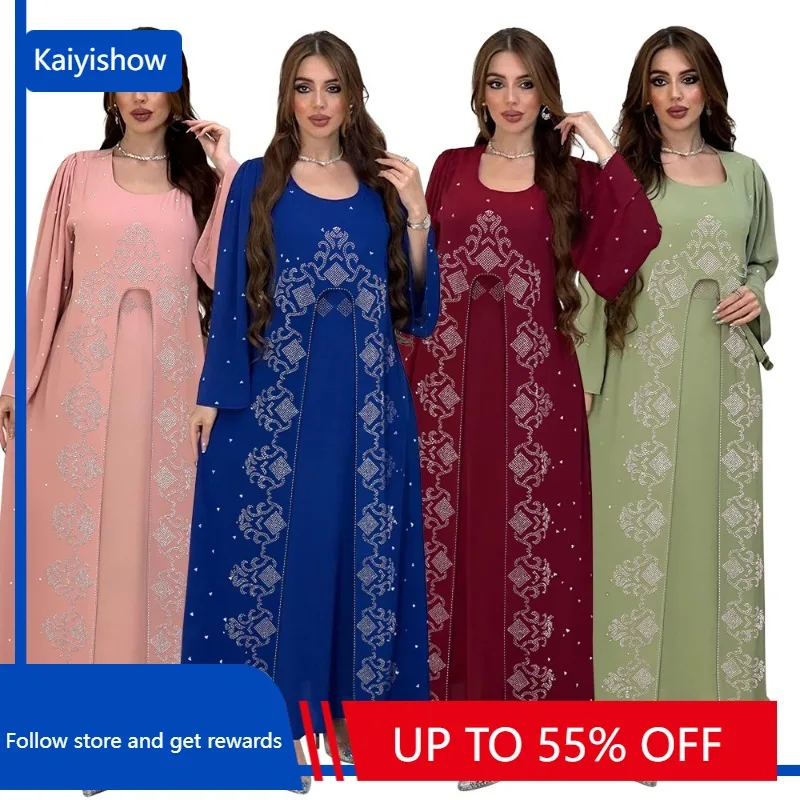 

Мусульманские модные платья 2023, лето-осень, модное мусульманское длинное платье из полиэстера с длинным рукавом, голубое, розовое, зеленое, абайя, мусульманское платье