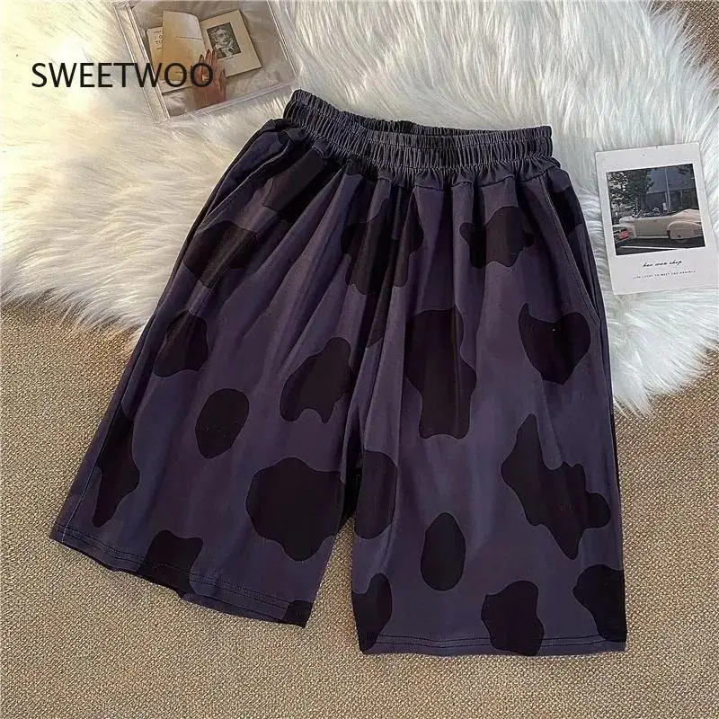 New Cow Print Sport Shorts Casual Style Streetwear Joggers Women Harajuku Sweatpants Straight Elastic High Waist Wide Leg Shorts