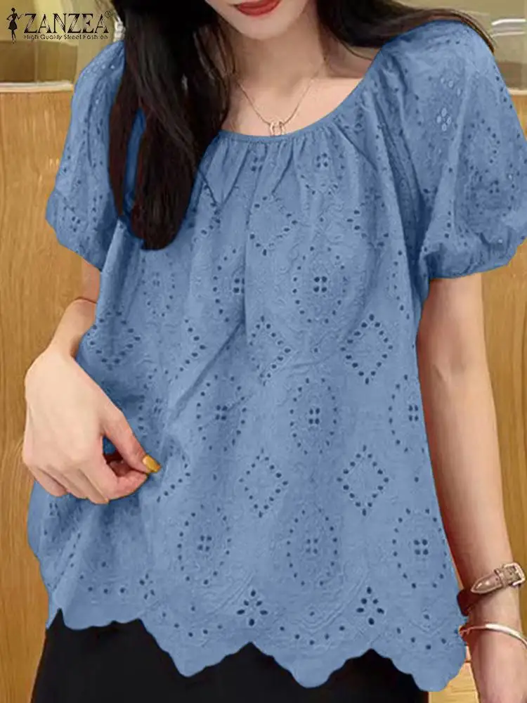 Кружевные лоскутные Блузы ZANZEA с вышивкой Элегантные повседневные топы круглым