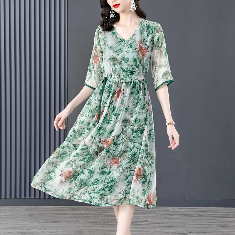 

Женское шифоновое шелковое платье с принтом, свободное повседневное праздничное платье с V-образным вырезом и 5 разрезами на рукавах, новинка весны 2023
