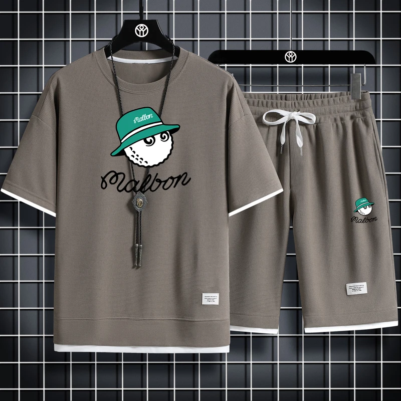 2023 Men's High Quality Malbon Two Piece Casual T-shirt and Shorts Set Men's Sportswear Fashion Short Sleeve Sportswear Golf