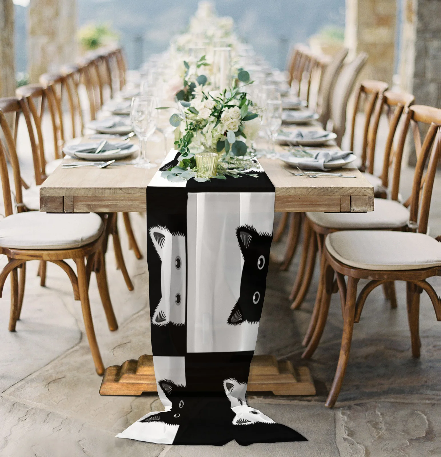 

Прозрачная шифоновая скатерть в черно-белую клетку с геометрическим рисунком кошки, для деревенской свадьбы, вечеринки, дня рождения, тюль, ...