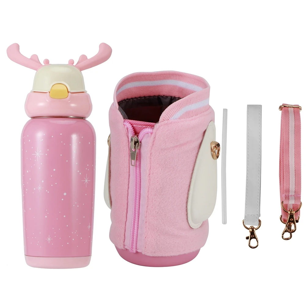 

Portable Cute Stainless Steel Thermal Insulation Water Bottle with Straw for Children 500mlPink
