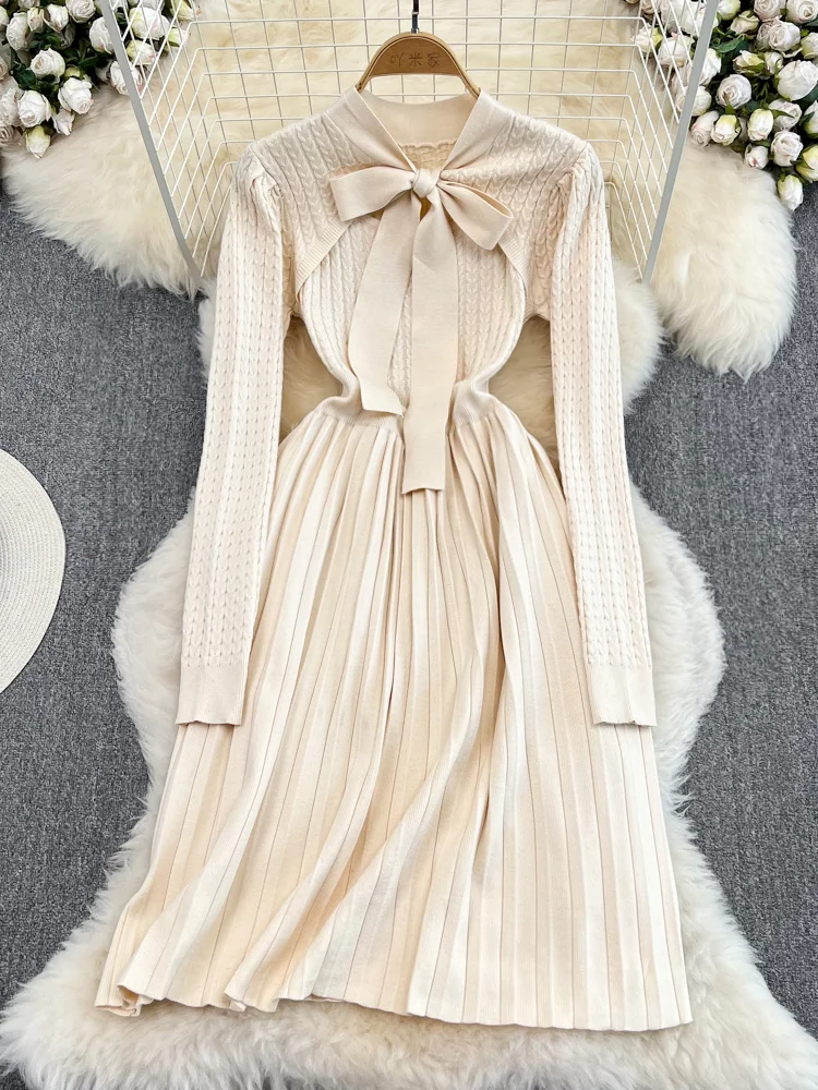 

Autumn Winter French style All-matching Solid Sweater Dresses Women Sweet Bow Tie Twist Slim Pleated Mid-length Knitted Dress