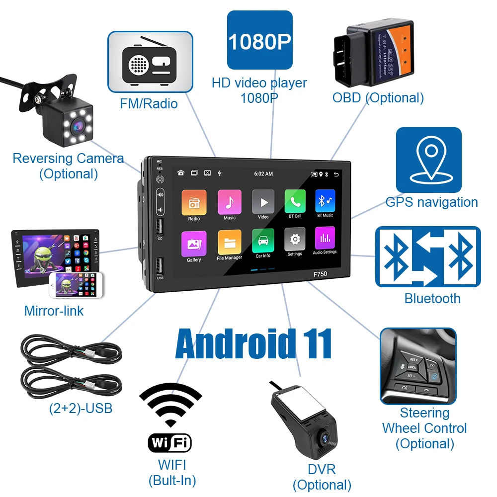 Автомобильный радиоприемник Android 11 GPS Bluetooth WIFI FM 7-дюймовый MP3 MP5 4-USB мультимедийный
