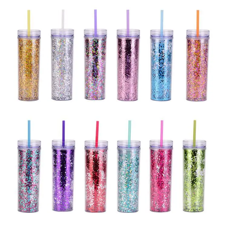 

16oz/450ML Transparent Paillette Double Thickened Plastic Water Bottle Creative Straight Straw Cups Mug Juice Cup Drinkware