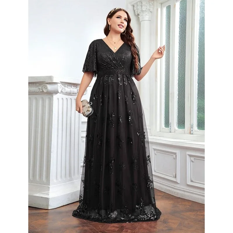 Plus Size 4XL5XL Luxury Shiny Lace Chiffon Dress Wine Red Banquet Party Wedding Dress Plus Size V Neck Short Sleeves Maxi Dress