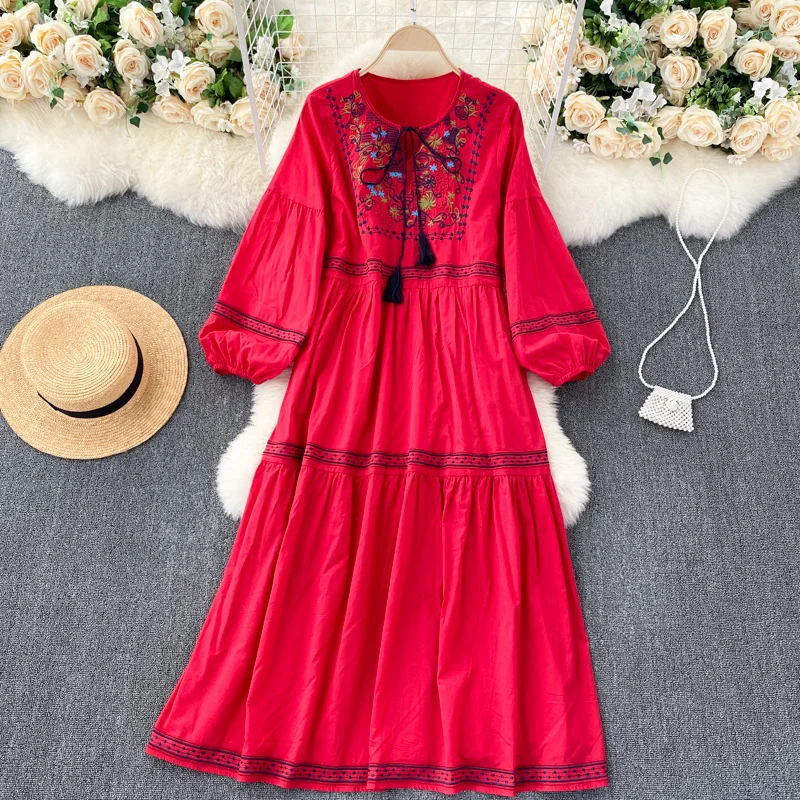 Summer Fashion Tassels Lace-Up O-Neck Long Sleeve Casual Loose Holidays Dress Bohemian Flowers Embroidery Beach Dress