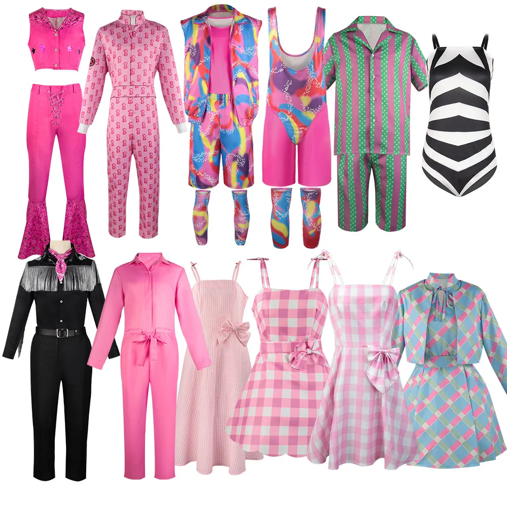 

Новинка 2023, костюм для косплея Барби из фильма для женщин, розовое платье Марго Робби для девочек, детей, мужчин, одежда Кена Райана Гослинга, наряд на Хэллоуин